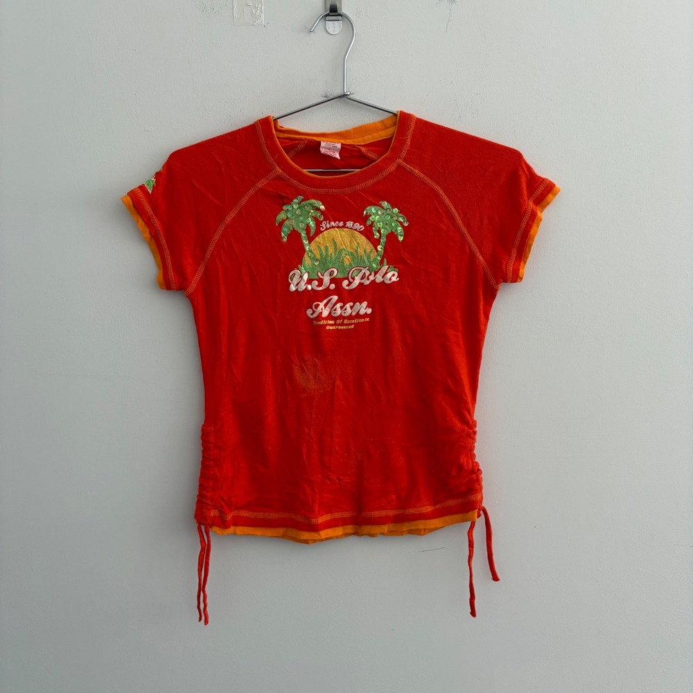 US Polo Assn Orange Palm Tree Sequin Graphic Tee Y2K Ruched Side Top Size L
